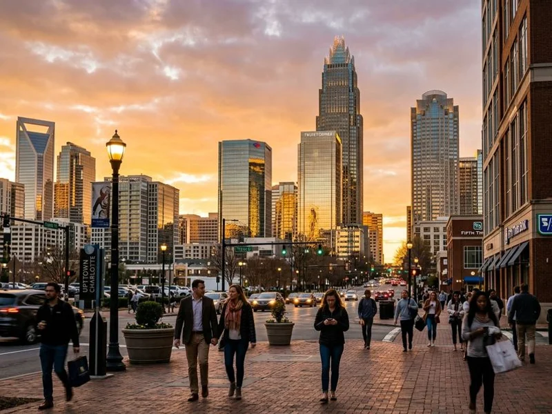 Editorial lifestyle photograph of Uptown Charlotte neighborhood, candid documentary style, natural light