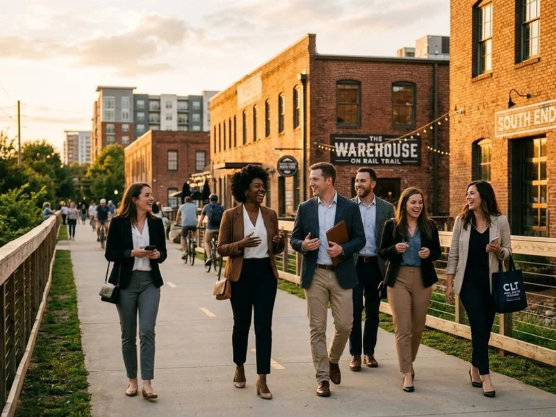 Queen City Relocation team walking through Charlotte's South End Rail Trail during a neighborhood orientation, golden hour lifestyle photography