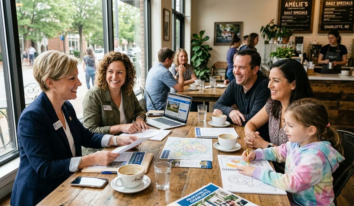 Queen City Relocation team meeting with a relocator family in a sunlit Charlotte coffee shop, candid documentary style