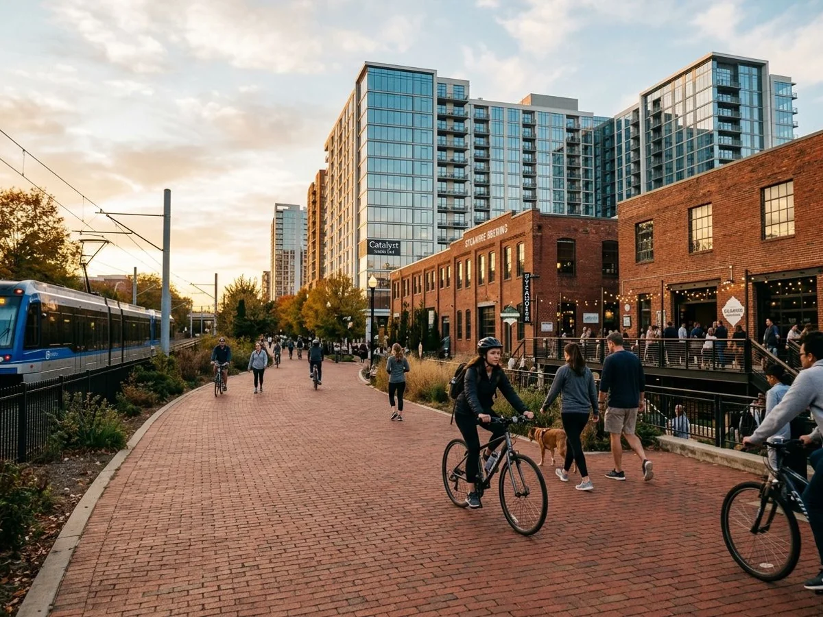 Editorial lifestyle photograph of Charlotte's South End neighborhood with the Rail Trail, cyclists, and modern apartment buildings under golden-hour Carolina light